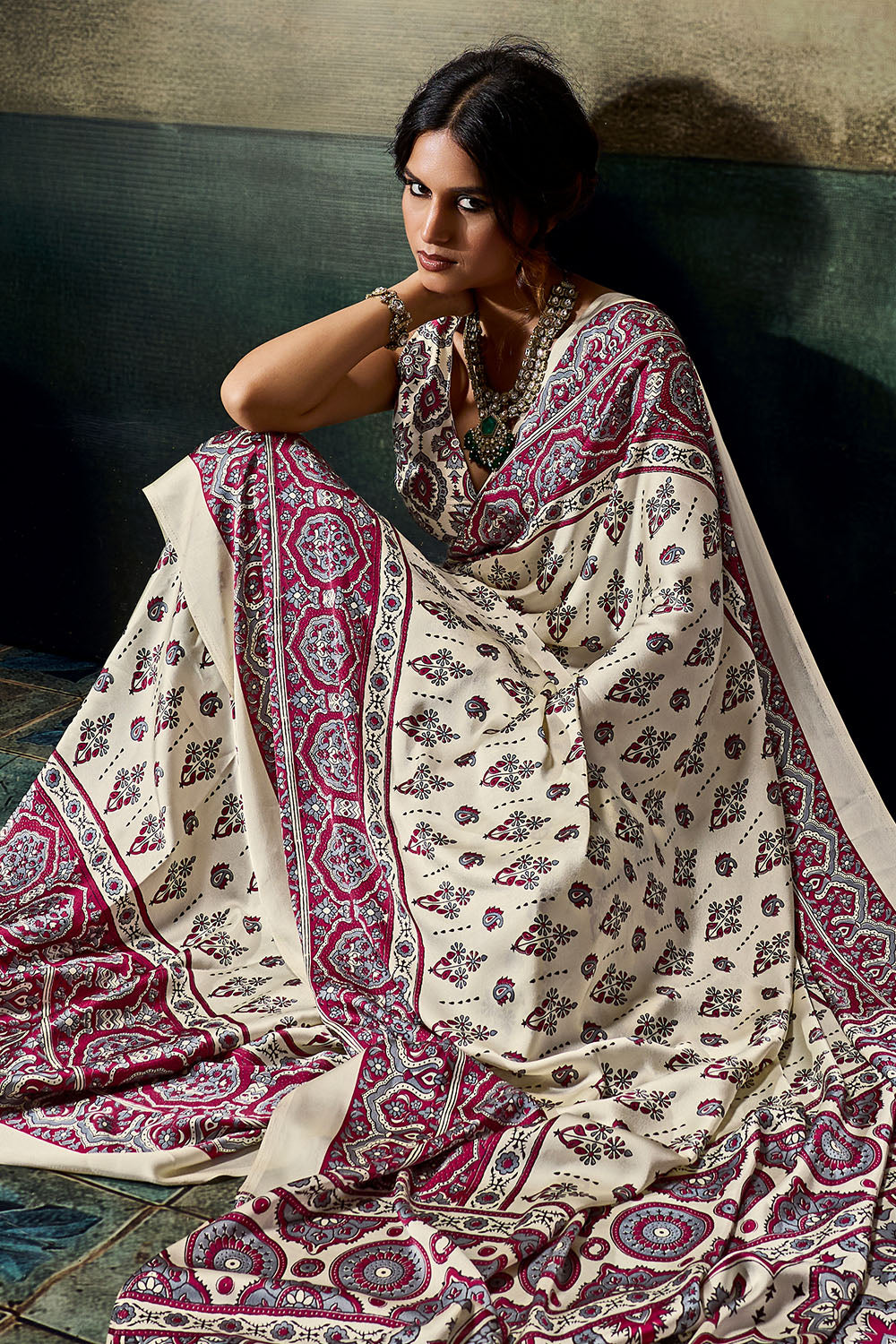 Bea Ivory White &amp; Magenta Modal Satin Ajrakh Print Ready to Wear Saree