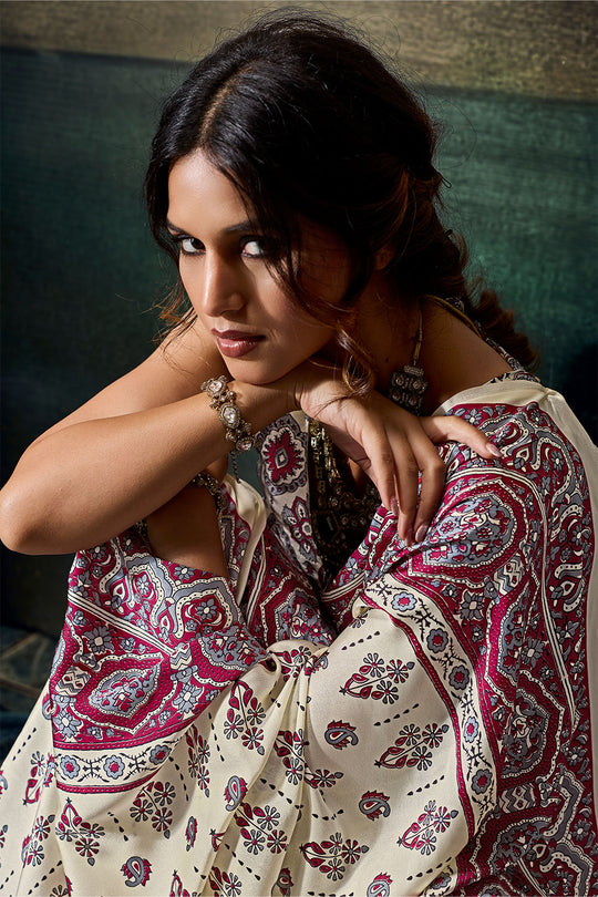Bea Ivory White &amp; Magenta Modal Satin Ajrakh Print Ready to Wear Saree