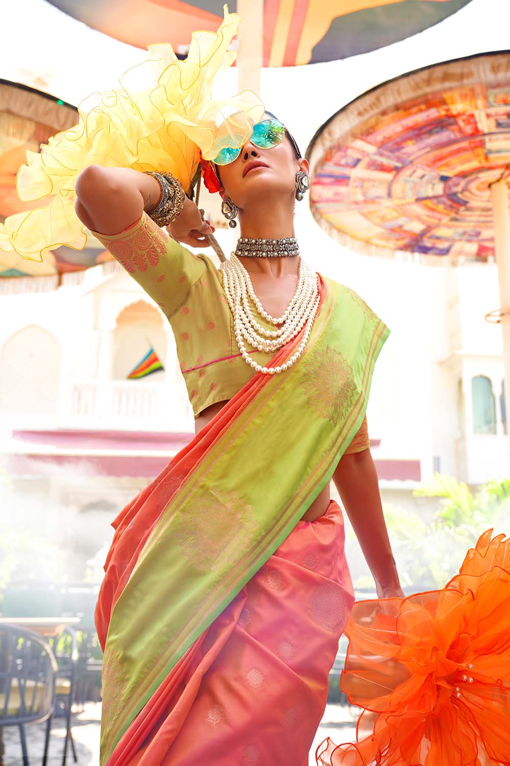 Uppal Orange Two Tone Contrast Handloom Weaving Silk One Minute Saree