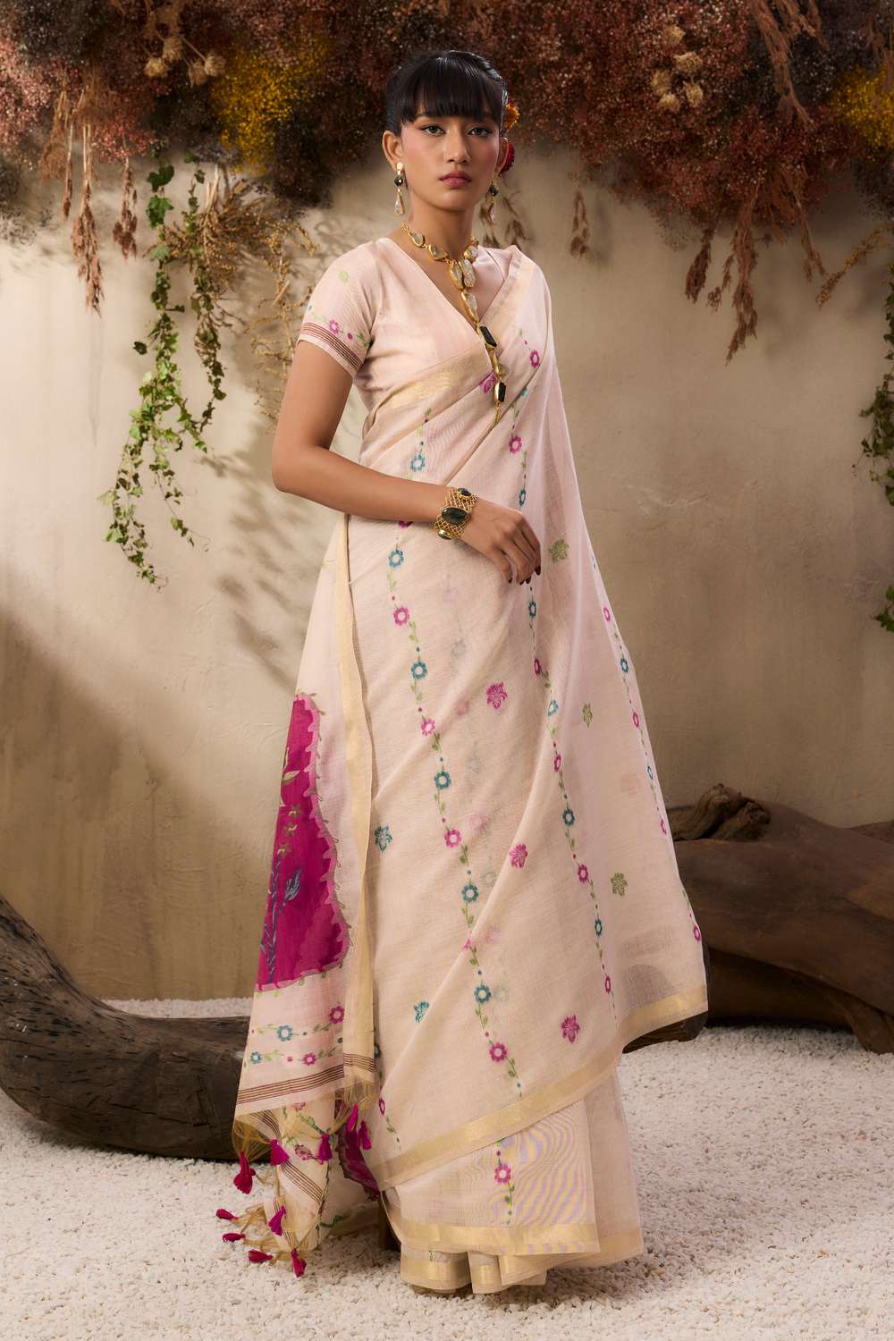 Raina Ivory Munga Cotton Handloom Pink Floral Ready to Wear Saree