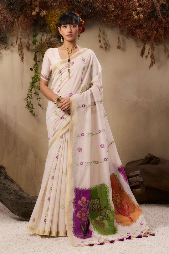 Raina Ivory Munga Cotton Handloom Purple Floral Ready to Wear Saree