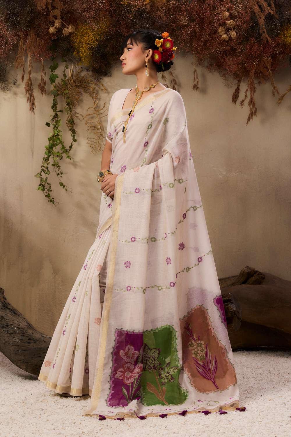 Raina Ivory Munga Cotton Handloom Purple Floral Ready to Wear Saree