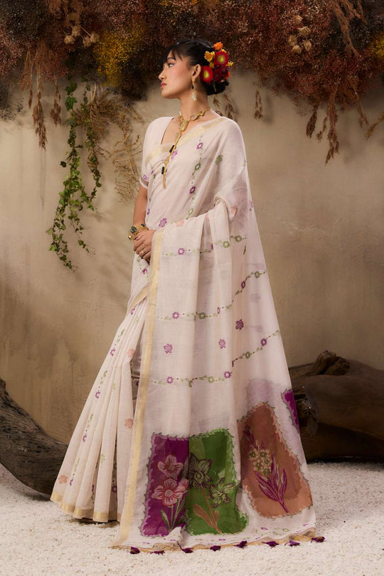 Raina Ivory Munga Cotton Handloom Purple Floral Ready to Wear Saree