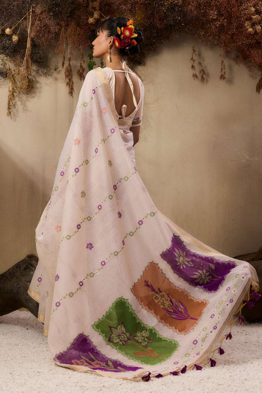 Raina Ivory Munga Cotton Handloom Purple Floral Ready to Wear Saree