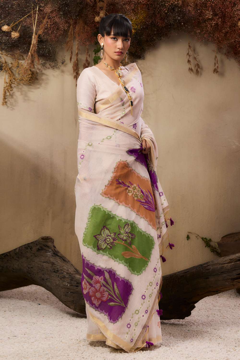 Raina Ivory Munga Cotton Handloom Purple Floral Ready to Wear Saree