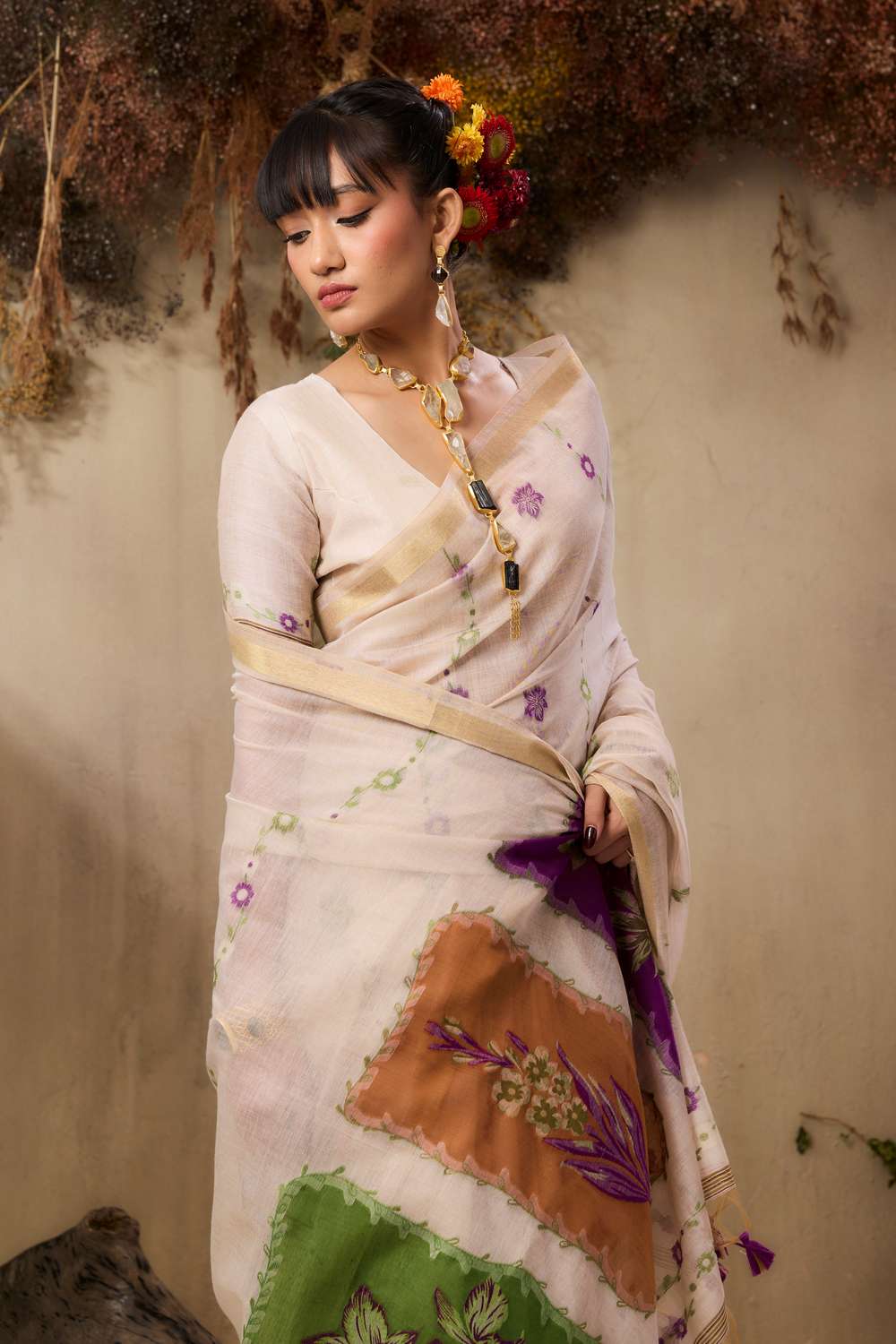 Raina Ivory Munga Cotton Handloom Purple Floral Ready to Wear Saree