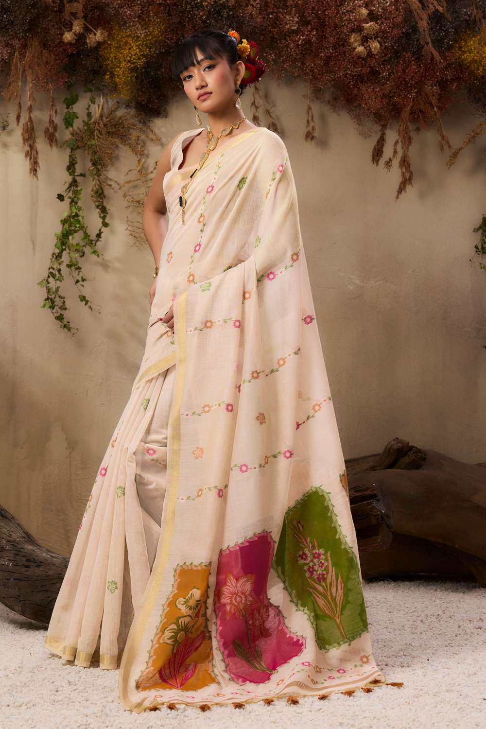 Raina Ivory Munga Cotton Handloom Ready to Wear Saree