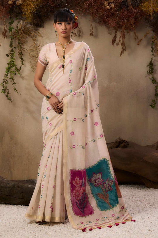 Raina Ivory Munga Cotton Handloom Pink Floral Ready to Wear Saree