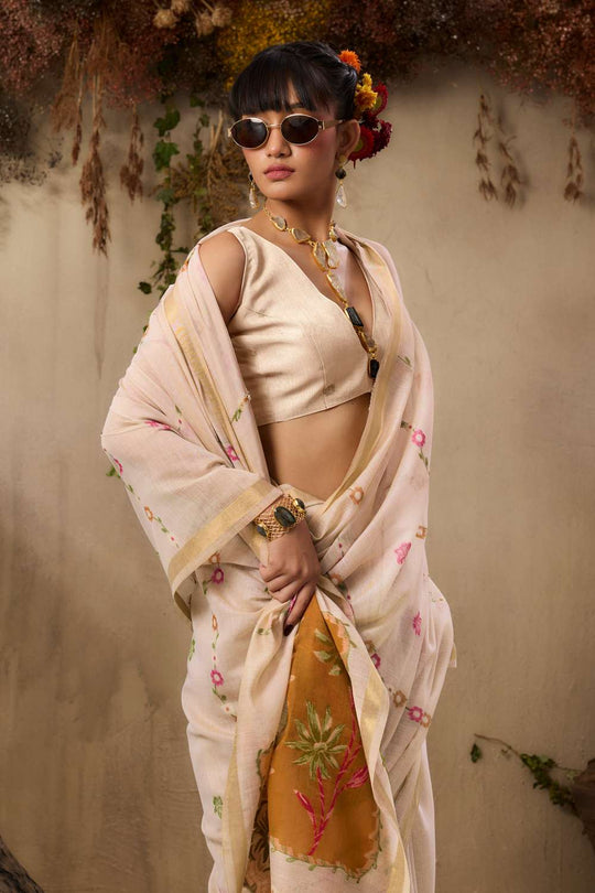 Raina Ivory Munga Cotton Handloom Ready to Wear Saree