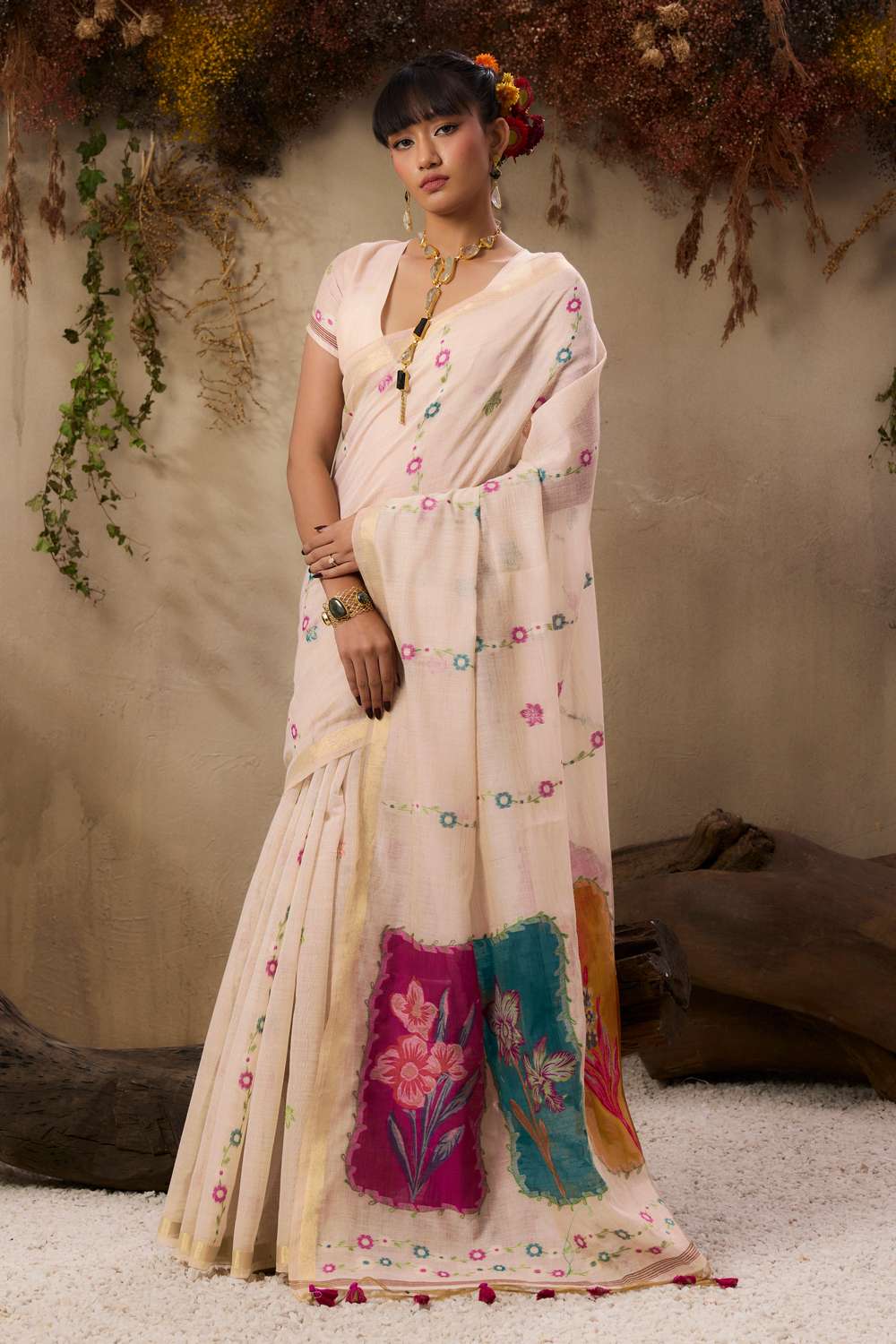 Raina Ivory Munga Cotton Handloom Pink Floral Ready to Wear Saree