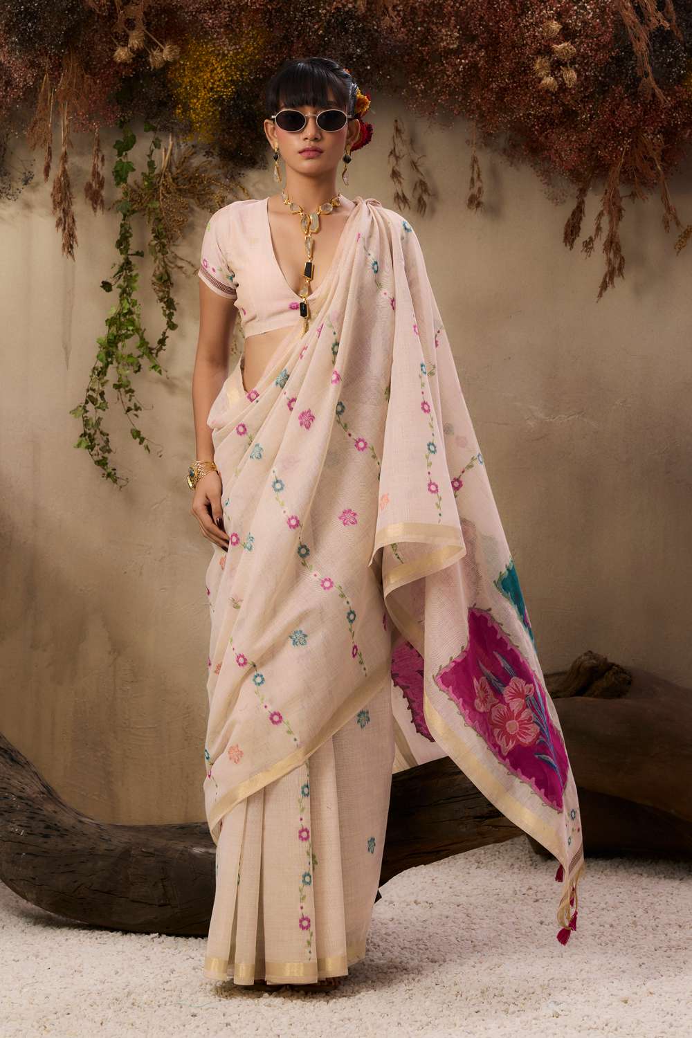 Raina Ivory Munga Cotton Handloom Pink Floral Ready to Wear Saree