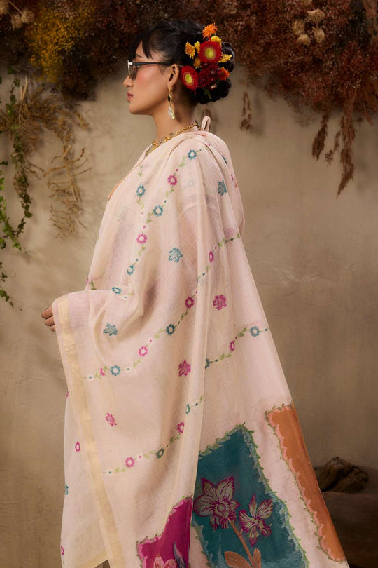 Raina Ivory Munga Cotton Handloom Pink Floral Ready to Wear Saree
