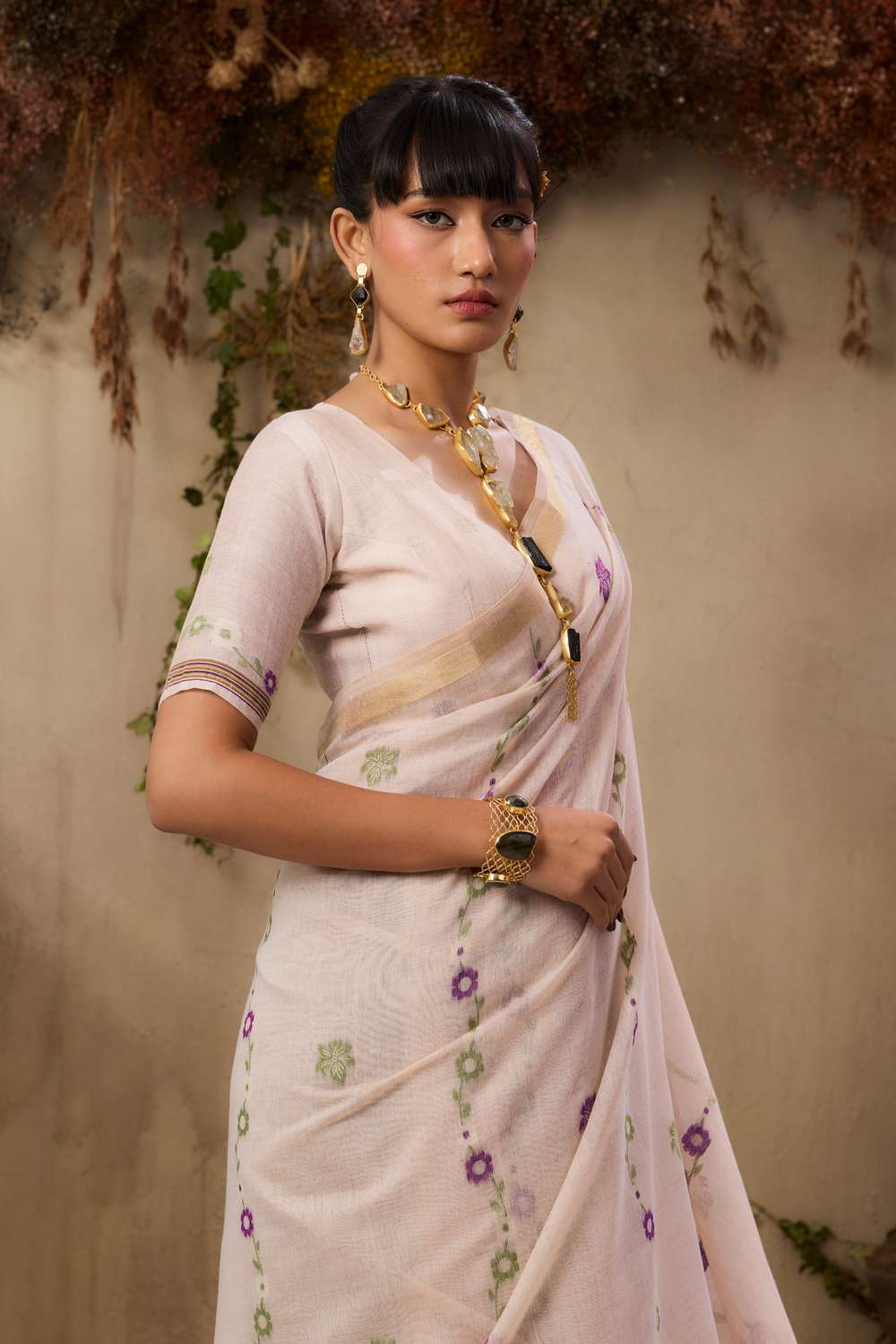 Raina Ivory Munga Cotton Handloom Purple Floral Ready to Wear Saree