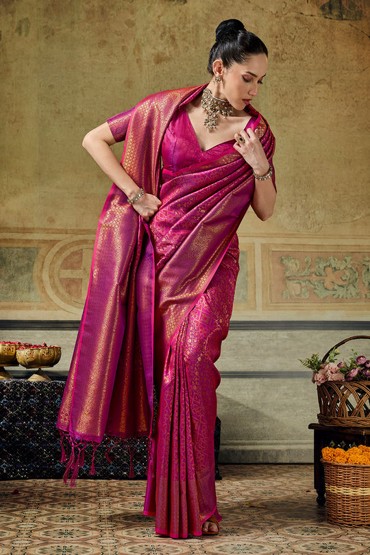 Azalea Magenta Pink Handloom Silk Zari Woven Designer Ready to Wear Saree