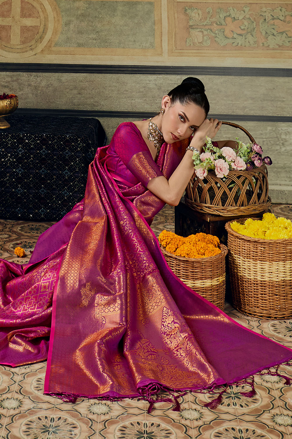 Azalea Magenta Pink Handloom Silk Zari Woven Designer Ready to Wear Saree