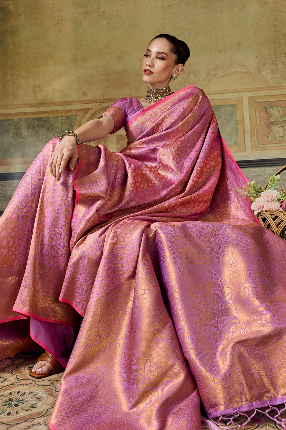 Azalea Peach Pink Handloom Silk Zari Woven Designer Ready to Wear Saree