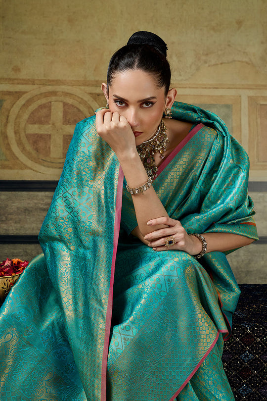 Azalea Turquoise Blue Handloom Silk Zari Woven Designer Ready to Wear Saree