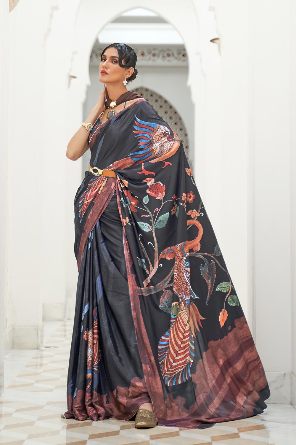 Kalamkari Grey Printed Pure Silk One Minute Saree