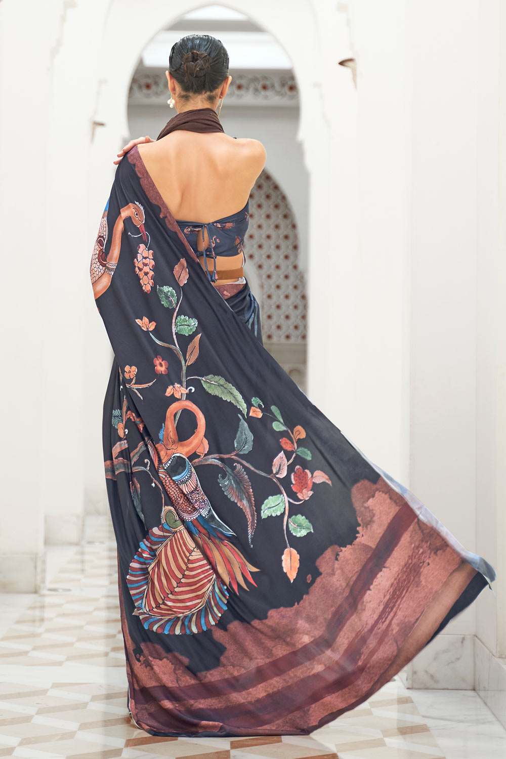 Kalamkari Grey Printed Pure Silk One Minute Saree