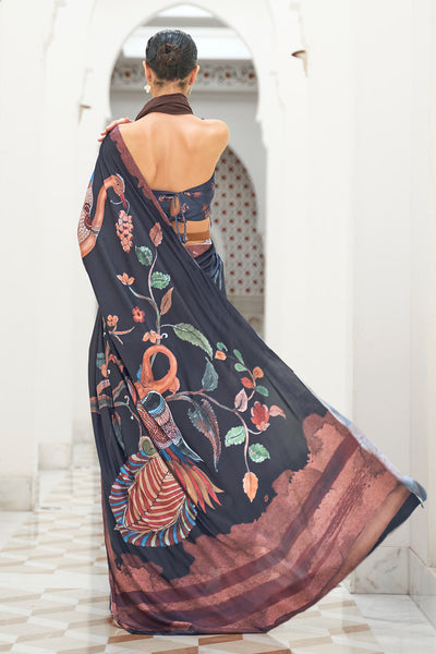 Kalamkari Grey Printed Pure Silk One Minute Saree