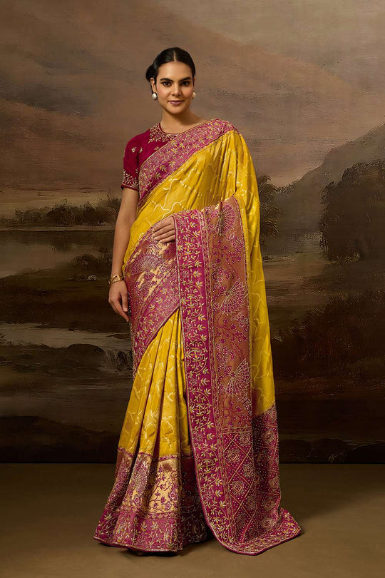 Mielle Luxe Mustard Pure Silk Zarkan Zardosi Work Ready to Wear Saree