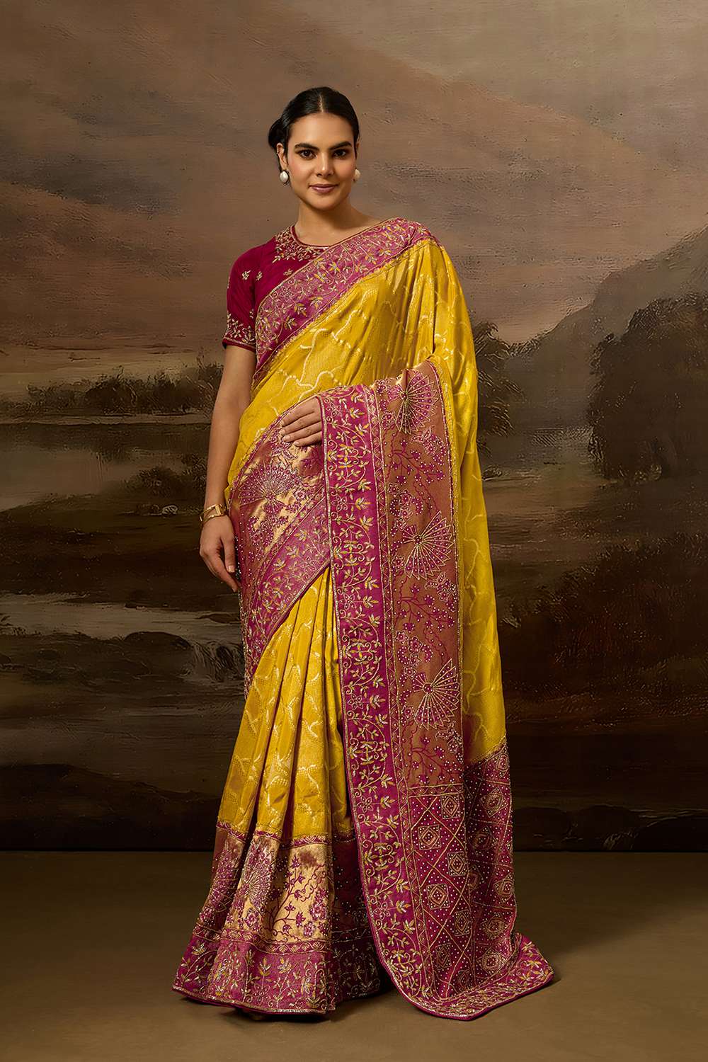 Mielle Luxe Mustard Pure Silk Zarkan Zardosi Work Ready to Wear Saree