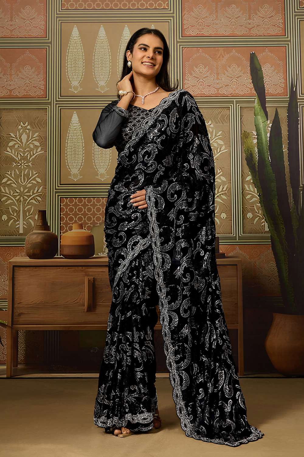 Alexia Luxe Black Viscose Organza Sequins Ready to Wear One Minute Saree