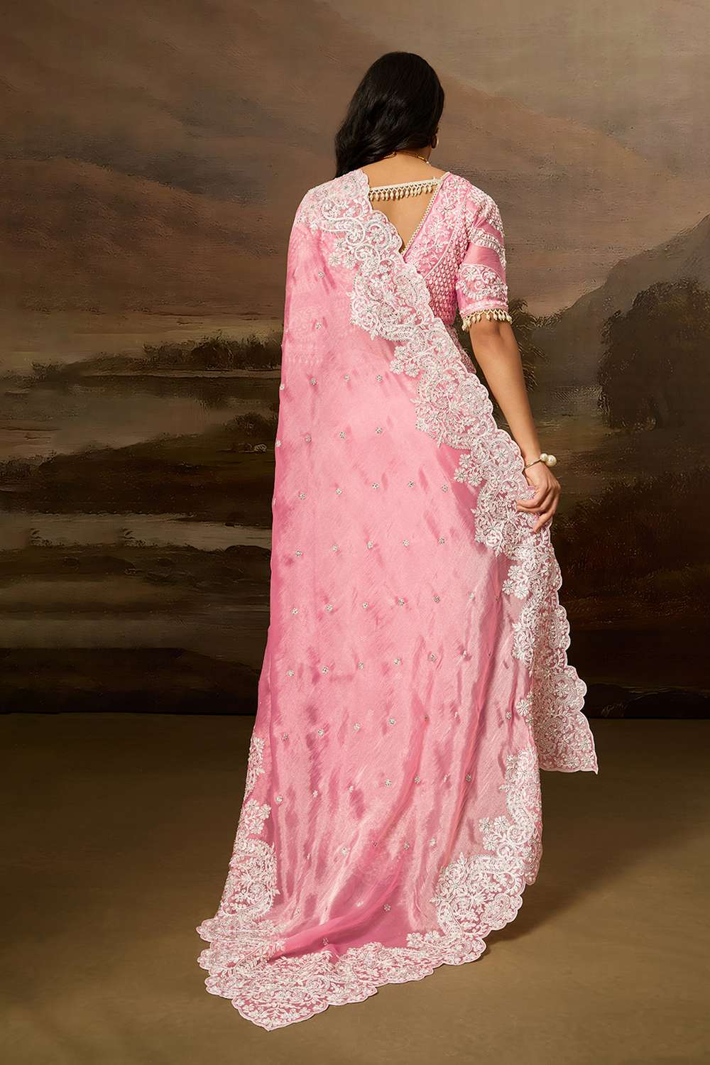 Lorna Light Pink Tissue Organza White Embroidered Ready to Wear Saree