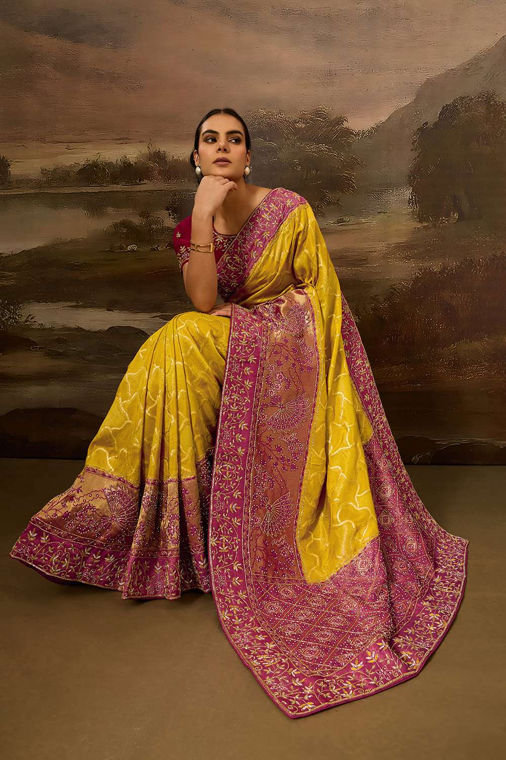 Mielle Luxe Mustard Pure Silk Zarkan Zardosi Work Ready to Wear Saree