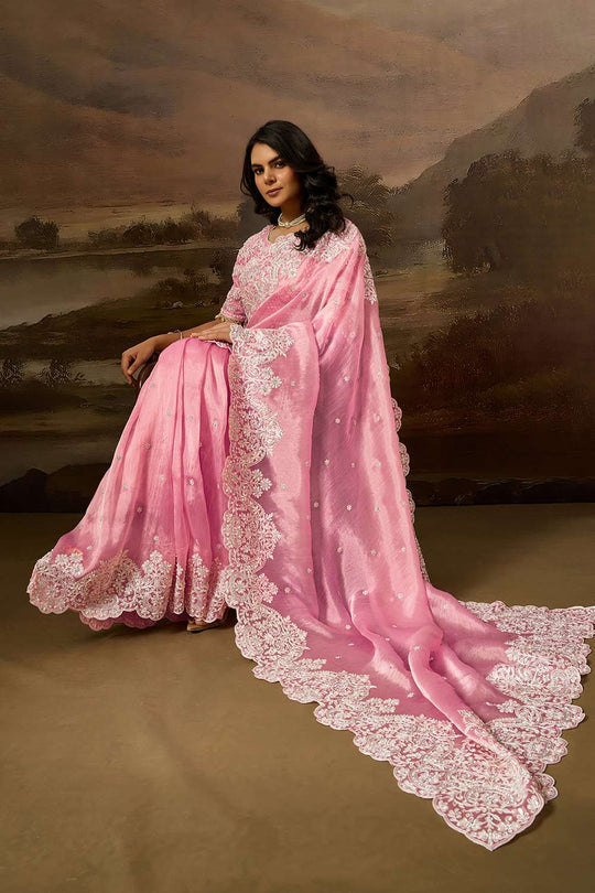 Lorna Light Pink Tissue Organza White Embroidered Ready to Wear Saree