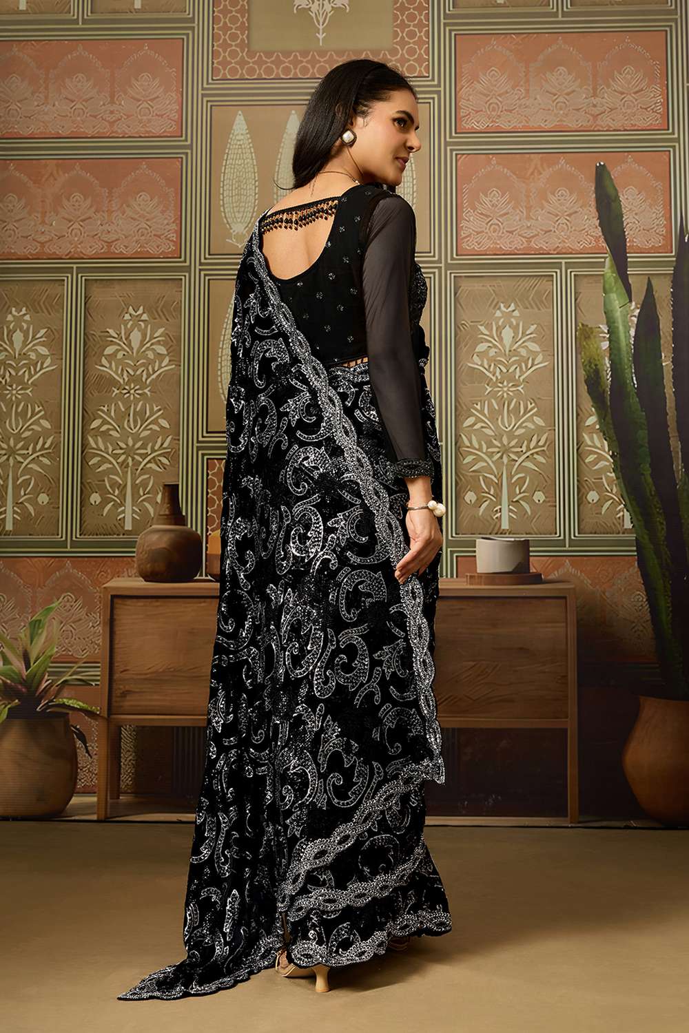 Alexia Luxe Black Viscose Organza Sequins Ready to Wear One Minute Saree