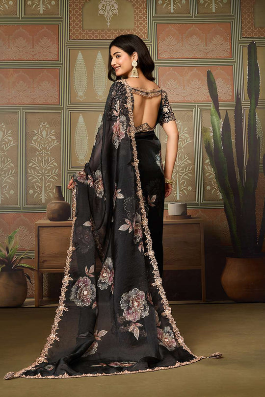 Risha Luxe Black Tissue Organza Saree with Cutdana Work Ready to Wear Saree