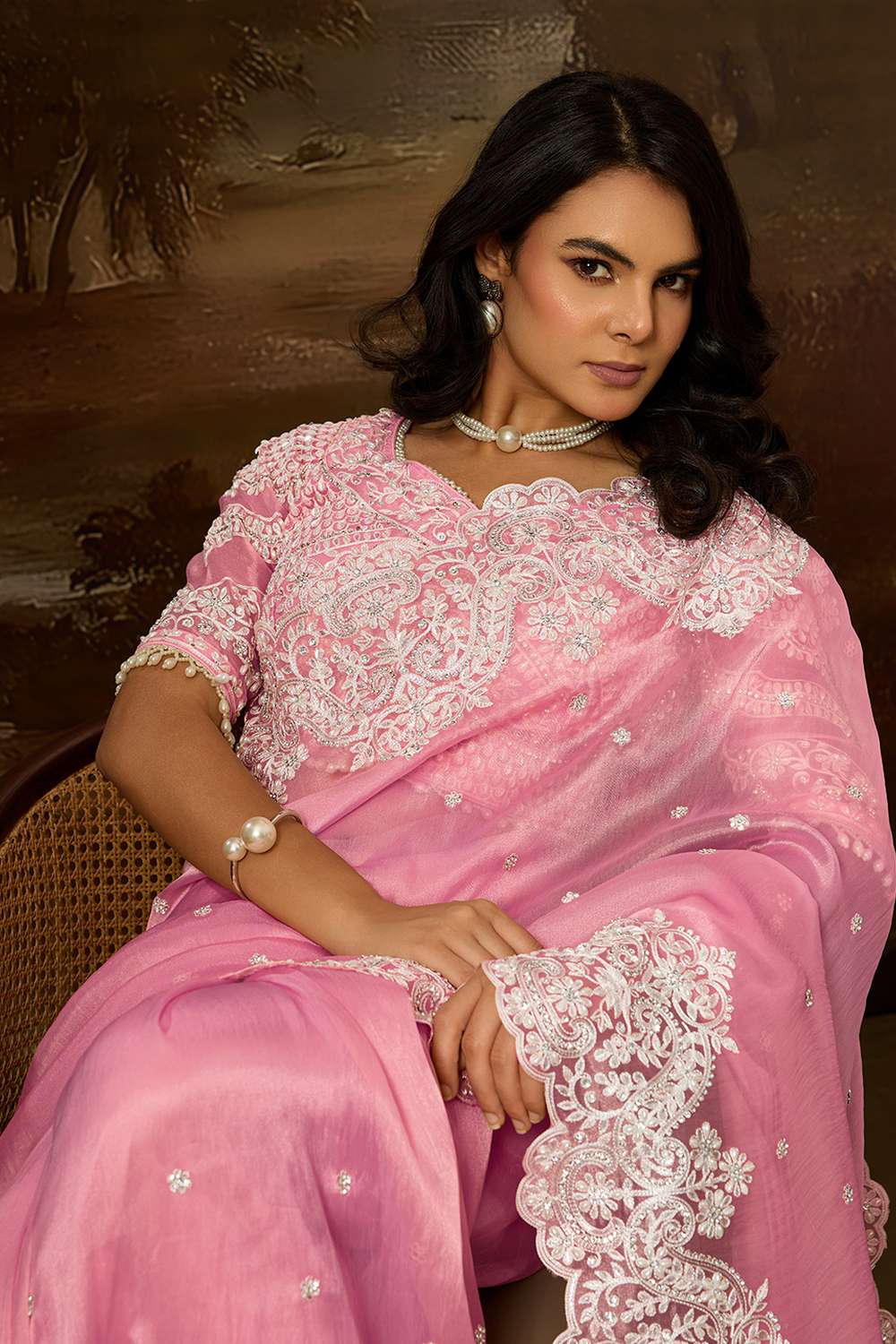 Lorna Light Pink Tissue Organza White Embroidered Ready to Wear Saree