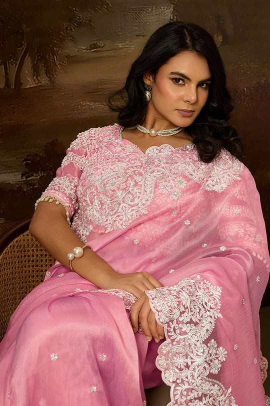 Lorna Light Pink Tissue Organza White Embroidered Ready to Wear Saree