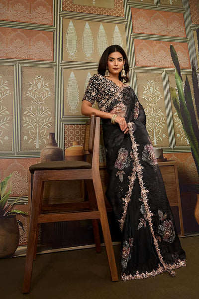 Risha Luxe Black Tissue Organza Saree with Cutdana Work Ready to Wear Saree