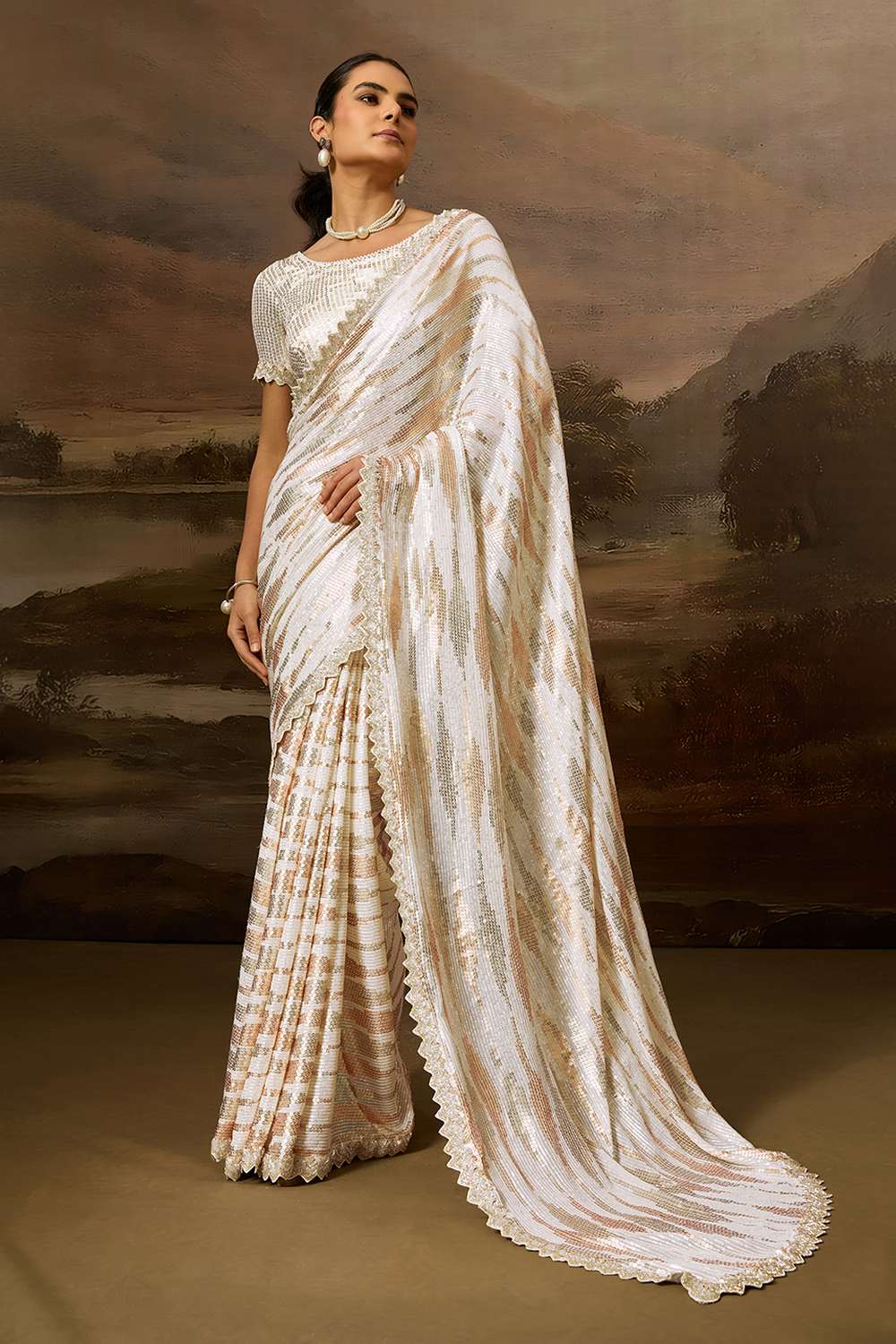 Dua Luxe Cream Gold Viscose Organza Sequins Ready to Wear Saree