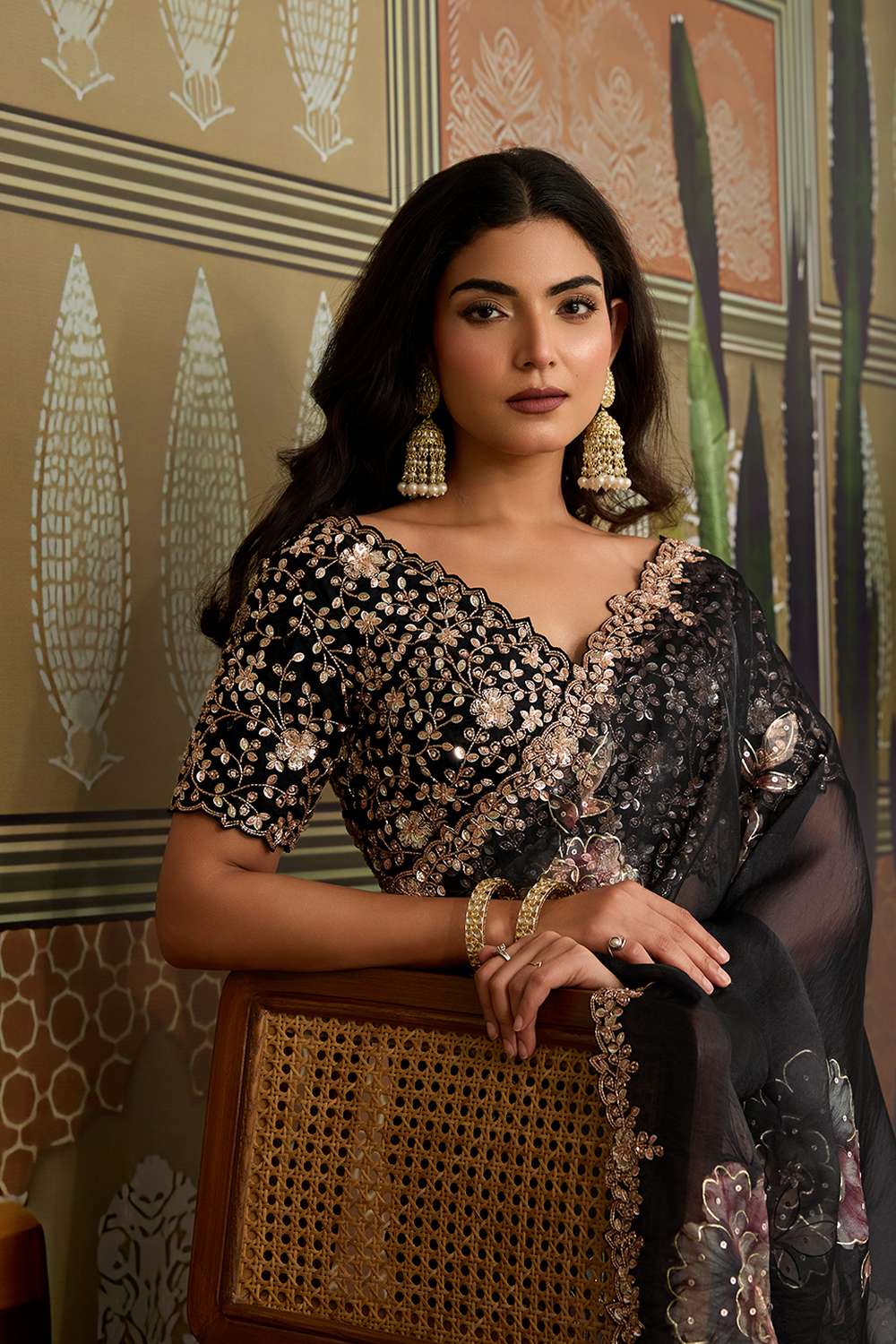 Risha Luxe Black Tissue Organza Saree with Cutdana Work Ready to Wear Saree