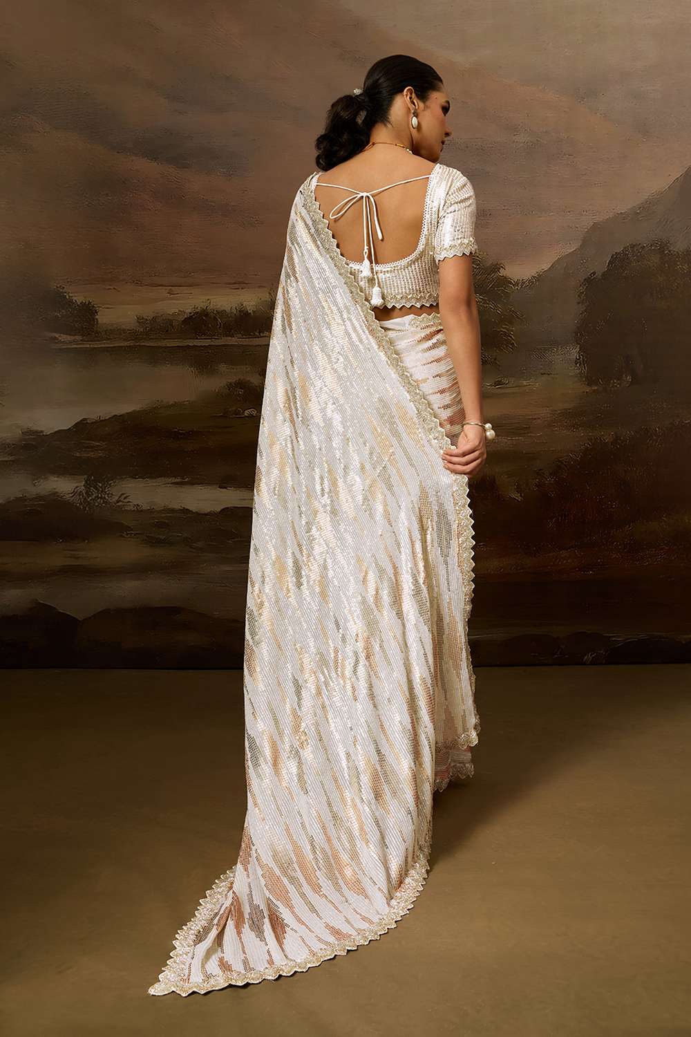 Dua Luxe Cream Gold Viscose Organza Sequins Ready to Wear Saree