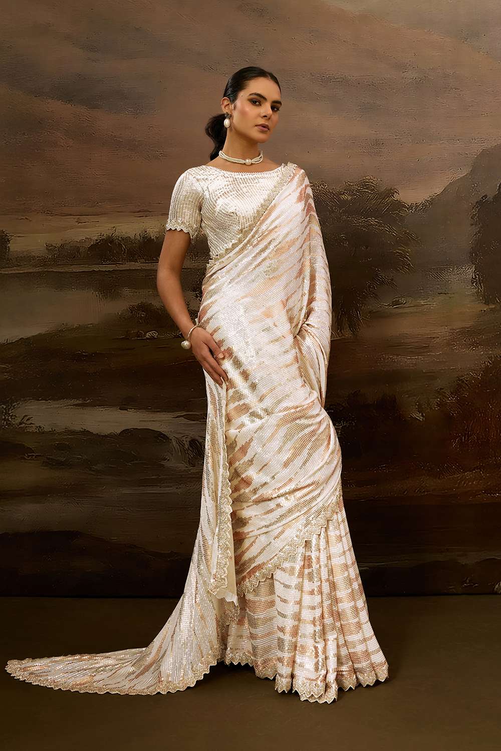Dua Luxe Cream Gold Viscose Organza Sequins Ready to Wear Saree