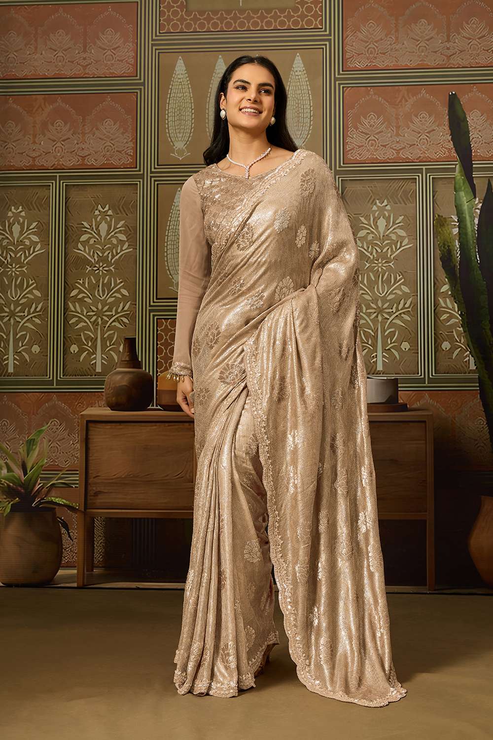 Charlotte Luxe Champagne Gold Pure Viscose Organza Cutdana Work Ready to Wear Saree