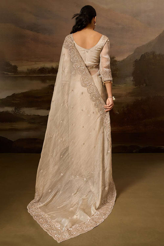 Eva Luxe Ivory Tissue Organza Embroidered Border Ready to Wear Saree