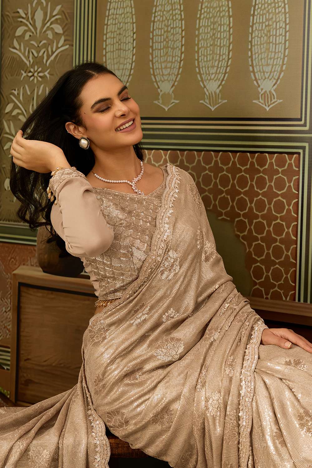 Charlotte Luxe Champagne Gold Pure Viscose Organza Cutdana Work Ready to Wear Saree