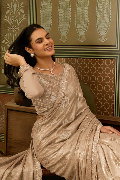 Charlotte Luxe Champagne Gold Pure Viscose Organza Cutdana Work Ready to Wear Saree