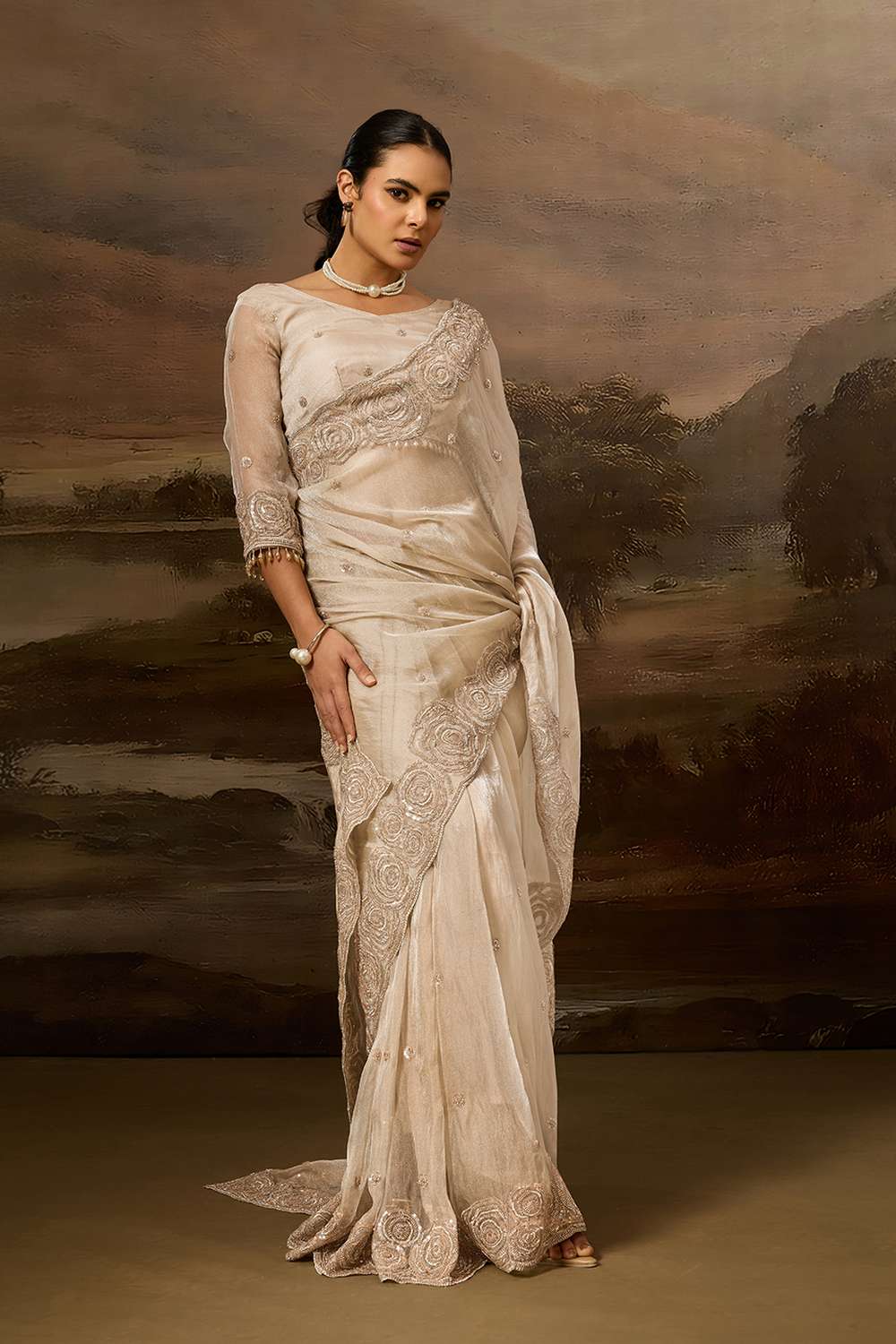 Eva Luxe Ivory Tissue Organza Embroidered Border Ready to Wear Saree
