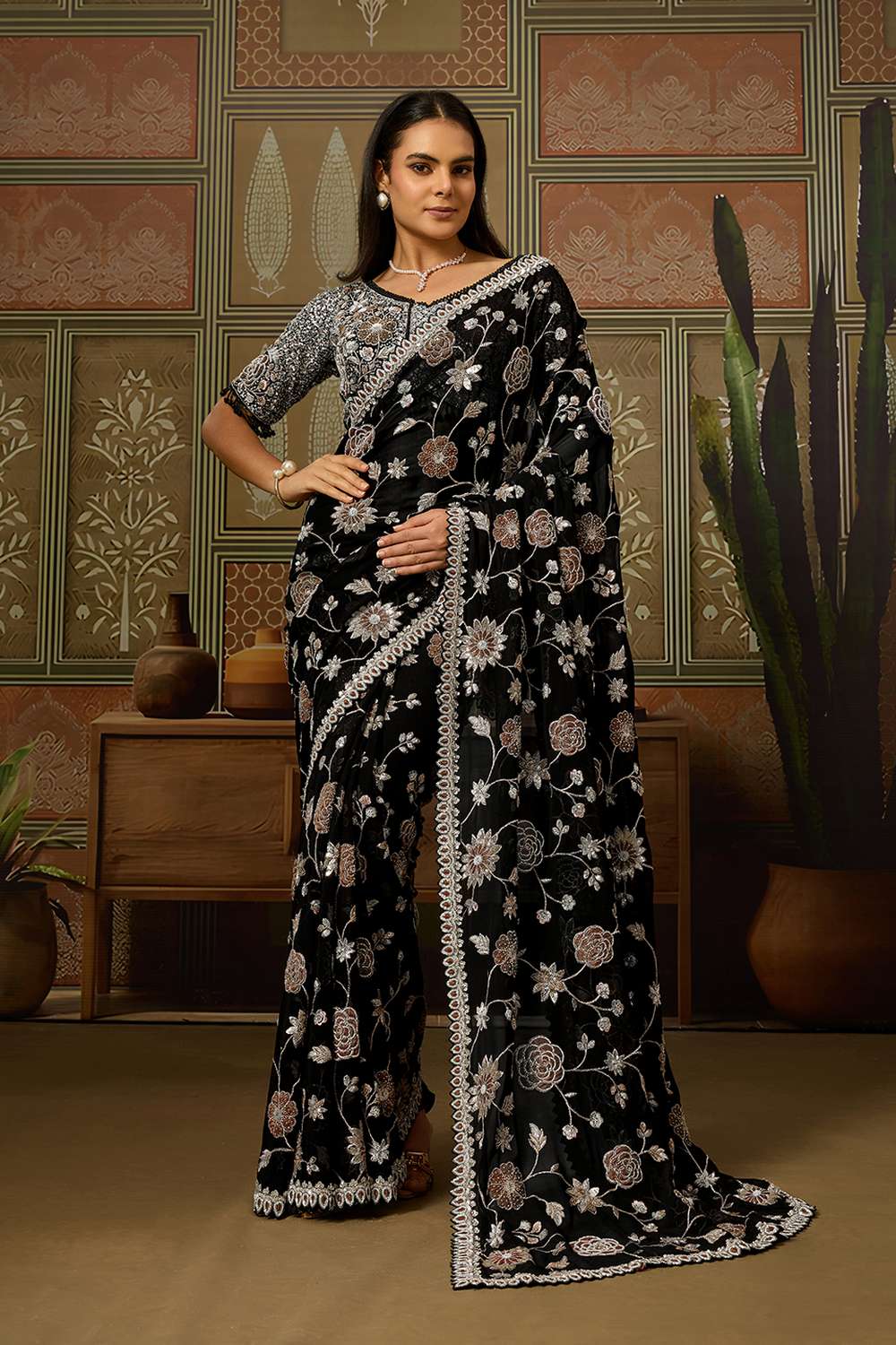 Shabana Luxe Black Viscose Organza Sequins Embroidered Jaal Ready to Wear Saree