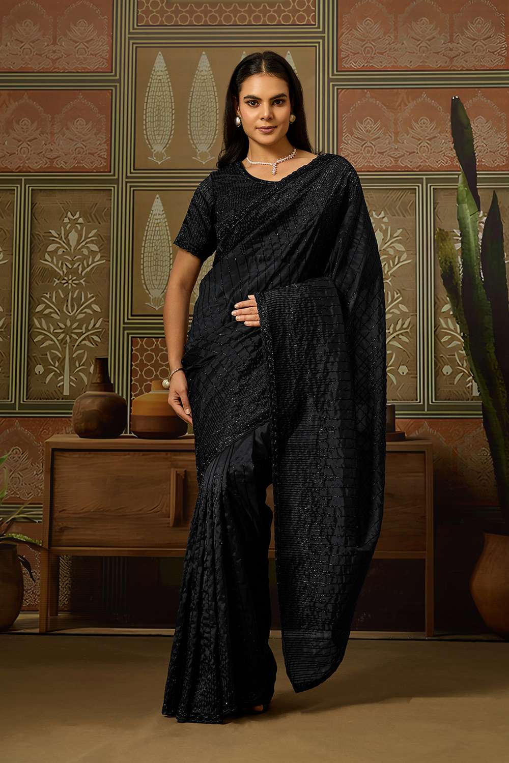 Amina Black Viscose Organza with Cutdana Work One Minute Saree
