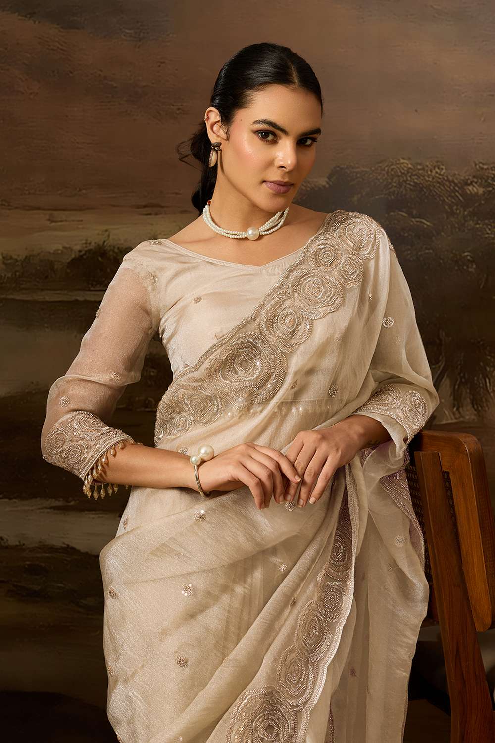 Eva Luxe Ivory Tissue Organza Embroidered Border Ready to Wear Saree
