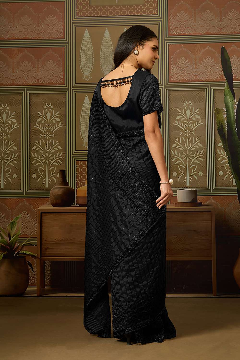 Amina Black Viscose Organza with Cutdana Work One Minute Saree