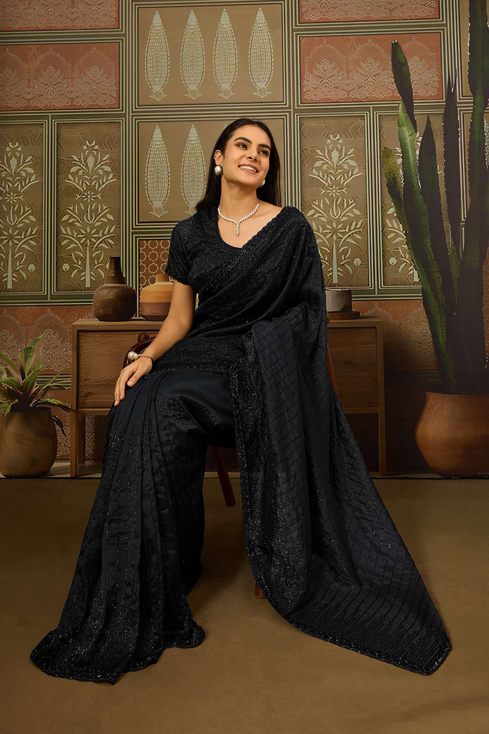 Amina Black Viscose Organza with Cutdana Work One Minute Saree