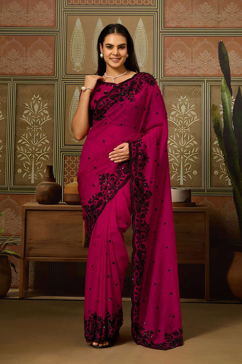 Paula Luxe Magenta Crush Organza Black Sequins Embroidered Ready to Wear Saree